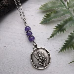Silver and Purple Lavender Flower Pendant Necklace